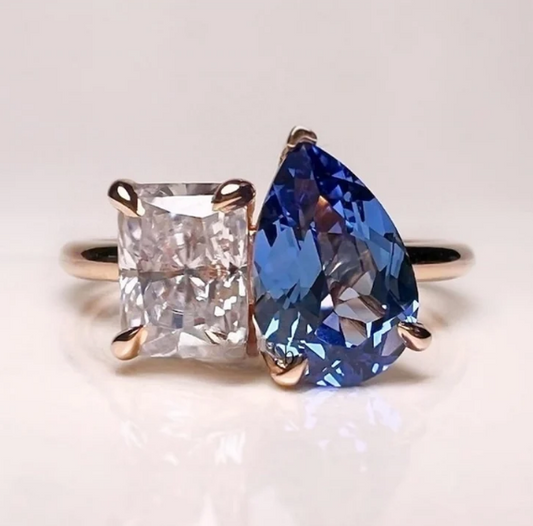 Blue Sapphire Pear & Radiant Cut Toi Et Moi Ring in 14K Rose Gold Finish - Engagement Ring