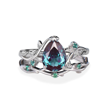 Pear Alexandrite Ring Sets 925 Sterling Silver Green Diamond Wedding Bridal Ring - Anniversary Gift