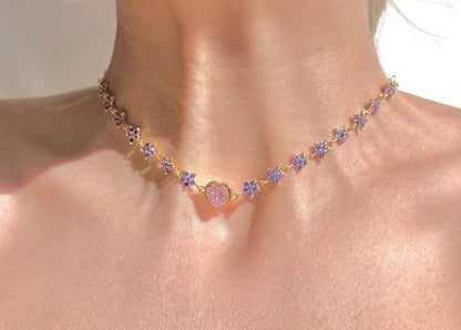 Rapunzel Princess Necklace Purple Flowers & Pink Heart Choker Necklace in 14K Yellow Gold Plated in 925 Sterling Silver - Anniversary Gift