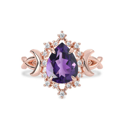 Pear Cut Amethyst Alice Star & Moon Magic Engagement Ring in 14k Yellow Gold Vermeil - Gift For Her