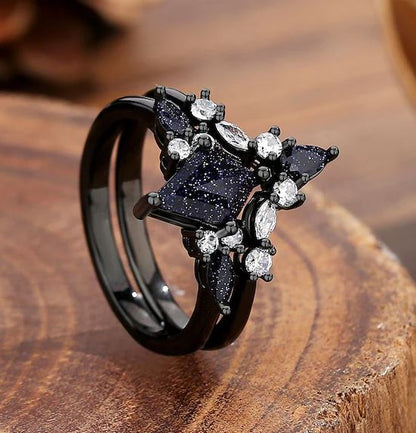 Galaxy Sandstone Ring in Black Rhodium - Blue Sandstone Engagement Ring Set - Nebula Ring