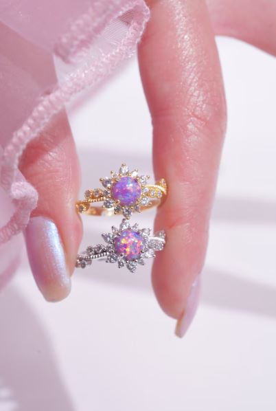 Purple Opal & Diamond Princess Magic Sunflower Engagement Ring in Sterling Silver - Gift For Her