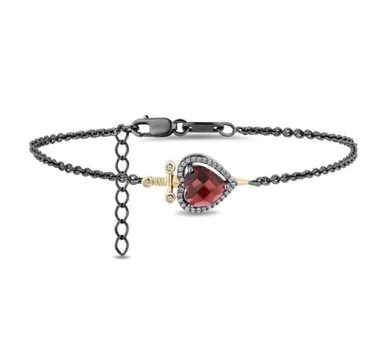 Red Garnet Heart & Diamond Evil Queen Dagger Bracelet in Black Rhodium over 925 Sterling Silver