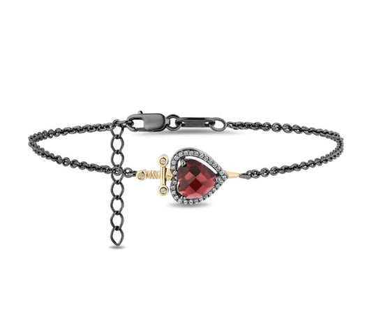 Red Garnet Heart & Diamond Evil Queen Dagger Bracelet in Black Rhodium over 925 Sterling Silver