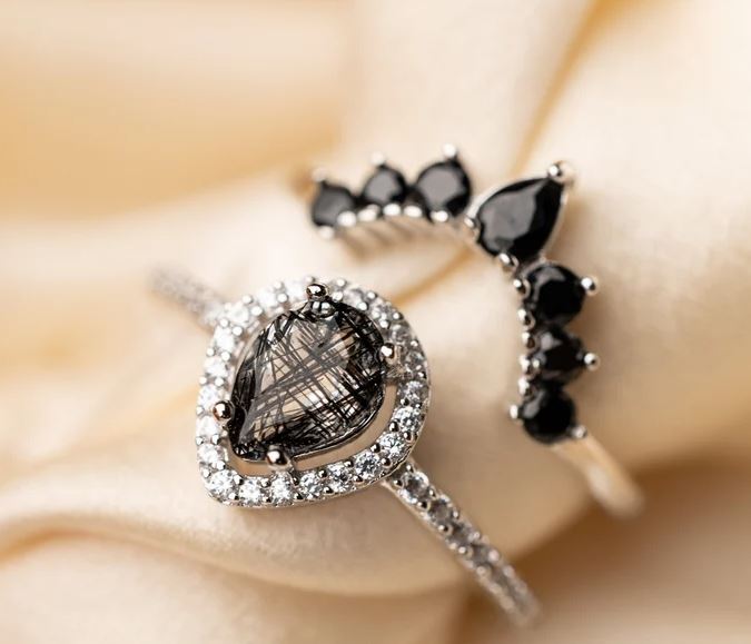 Natural Rutilated Quartz & Black Diamond Engagement Ring Set in 925 Sterling Silver - Gift For Her