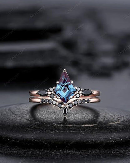 Kite Cut Alexandrite & Black Diamond Engagement Ring Set in 14K Rose Gold Finish - Bridal Set Wedding Ring Gift for Women