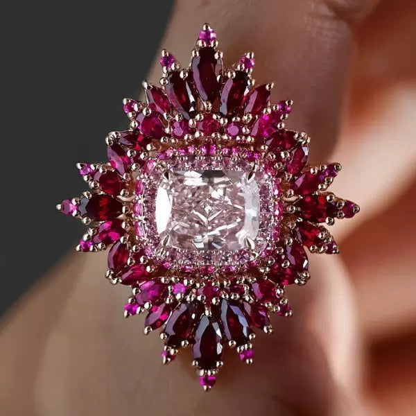 4ct Cushion Cut Pink Sapphire Ruby Halo Vintage Cocktail Ring in 14k Rose Gold Vermeil