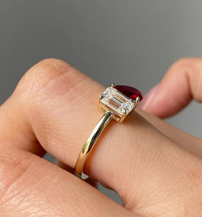 Ruby Pear & White Emerald Diamond Toi Et Moi Engagement Ring in 14k Yellow Gold Finish - Mothers Day Gift Idea