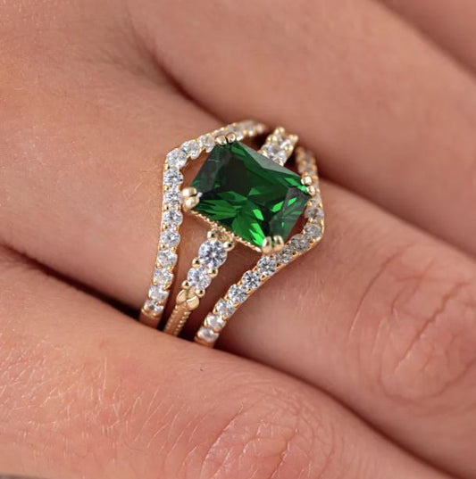 Green Emerald Engagement Ring Set in 14K Gold on Silver - Anniversary Gift for Her