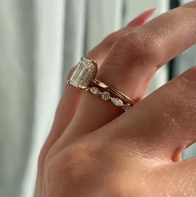 Emerald Cut Diamond Engagement Ring Set in 14K Yellow Gold Finish - Unique Bridal Ring Set For Her