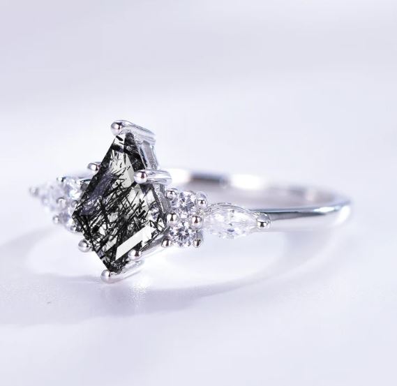 Skye Kite Rutilated Quartz & Black Diamond Ring For Woman in Sterling Silver - Natural Quartz Engagement Ring