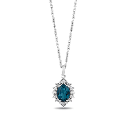 Cinderella Inspired London Blue Topaz and Diamond Frame Pendant Necklace in Sterling Silver