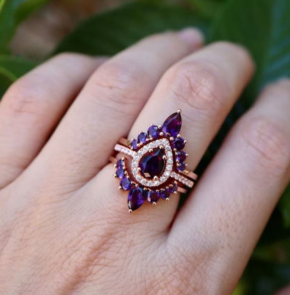 Teardrop Purple Amethyst Wedding Ring Set 14k Rose Gold Vermeil - Halo Engagement Ring - February Birthstone Ring