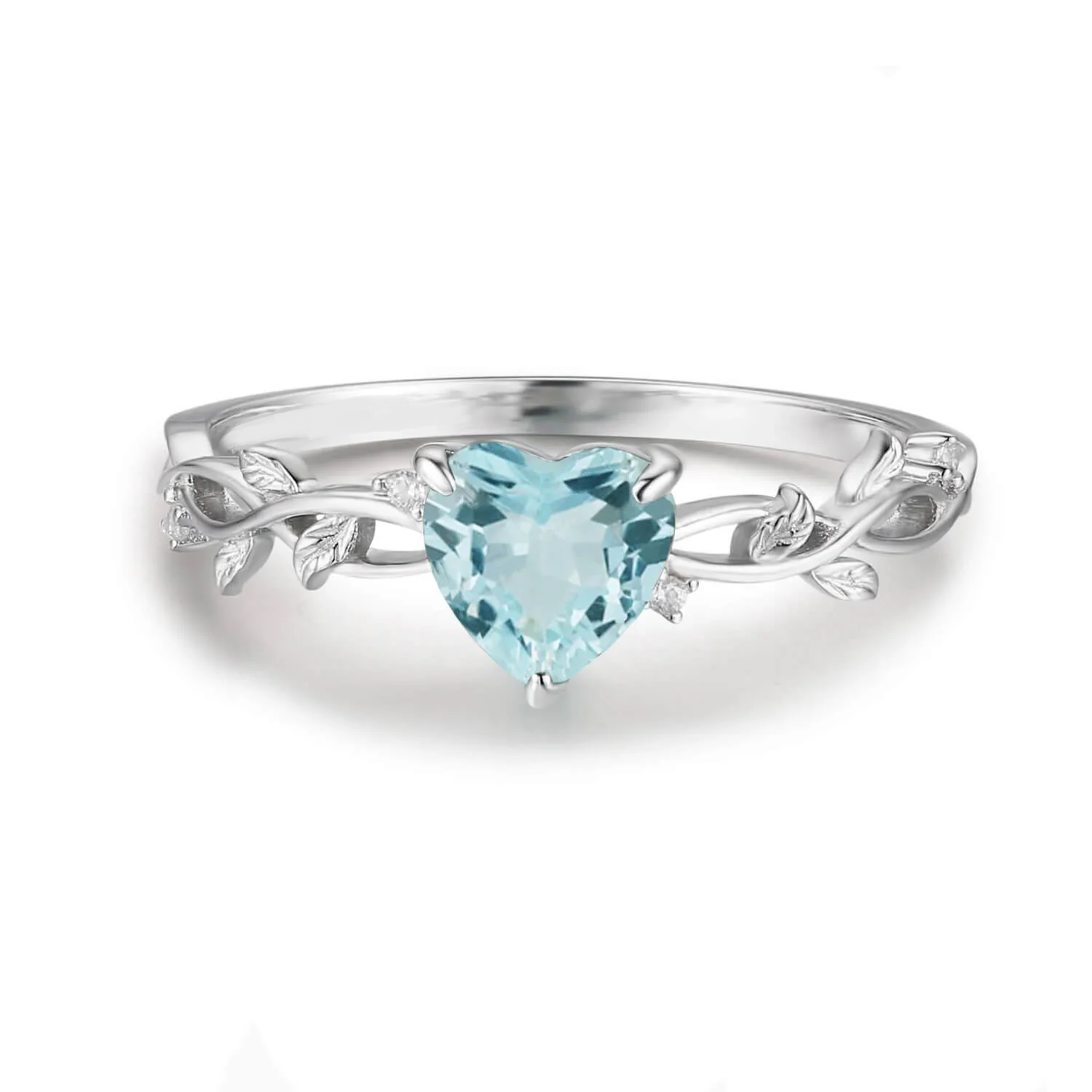 Heart Aquamarine & Diamond Leaf Ring in 925 Sterling Silver Fairy Engagement Ring For Women - Unique Promise Ring Gift For Her