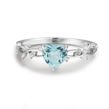 Heart Aquamarine & Diamond Leaf Ring in 925 Sterling Silver Fairy Engagement Ring For Women - Unique Promise Ring Gift For Her