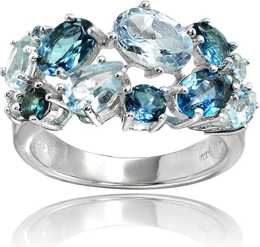 Genuine London Blue Topaz and Aquamarine Tonal Cluster Ring in Sterling Silver - December Birthstone Ring