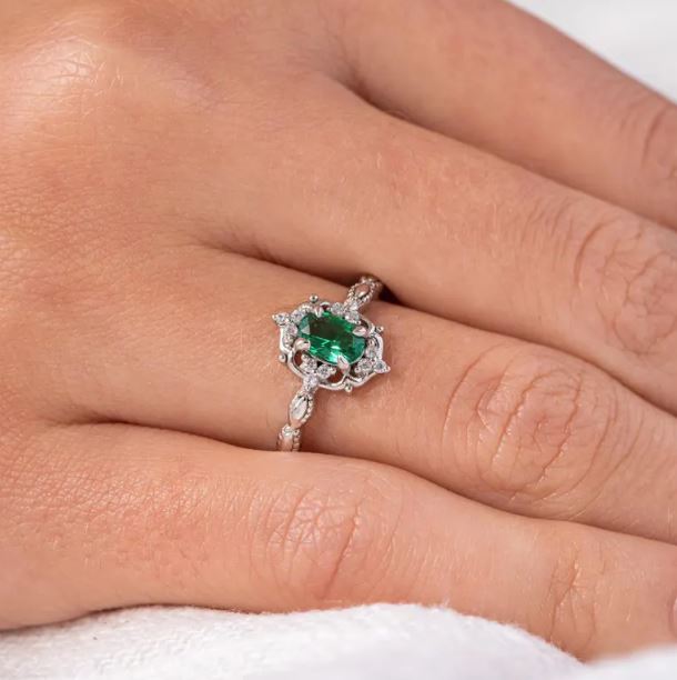 Art Deco Green Emerald & Diamond Engagement Ring in Sterling Silver - Dainty Ring For Her