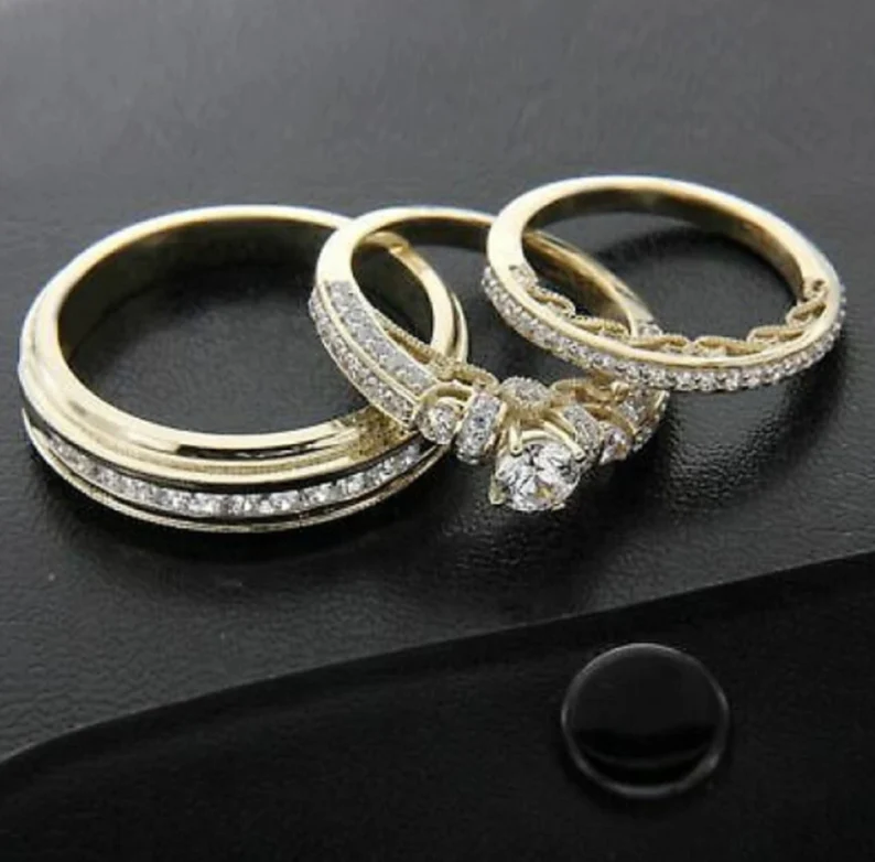 Diamond Wedding His & Her Trio Ring Set 14K Yellow Gold Plated - Bridal Engagement Ring Wedding Ring Set