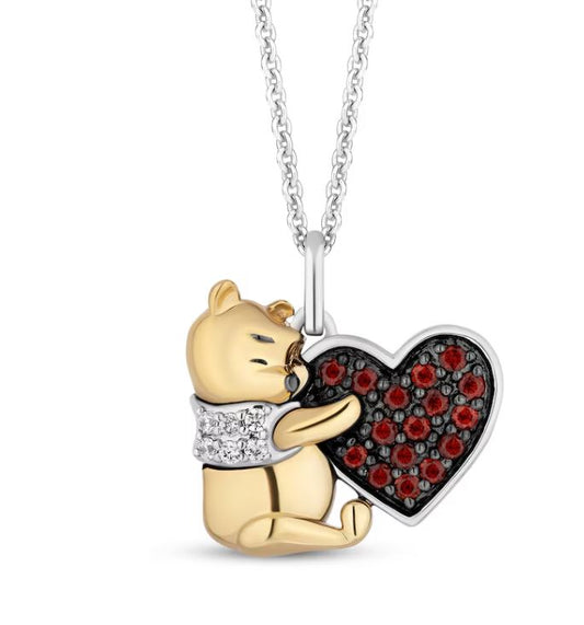 Disney Treasures Winnie the Pooh Garnet & Diamond Heart Necklace in 925 Sterling Silver