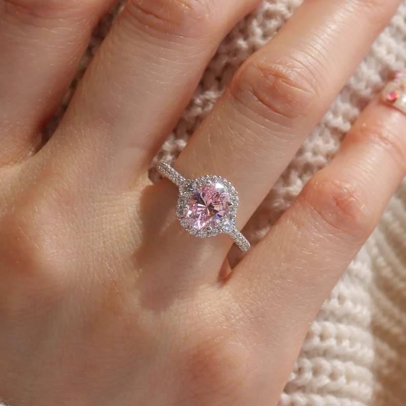 Simulated Pink Tourmaline Engagement Ring in Sterling Silver - Dainty Promise Ring for Her