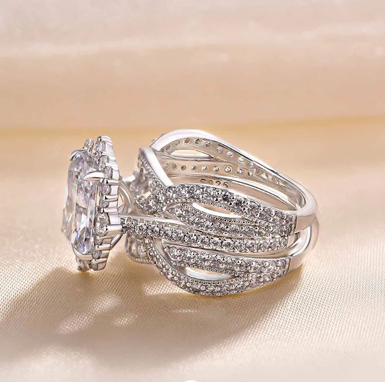 Vintage Halo Radiant Cut Insert Wedding Ring Set For Women In 925 Sterling Silver - Special Gift For Her