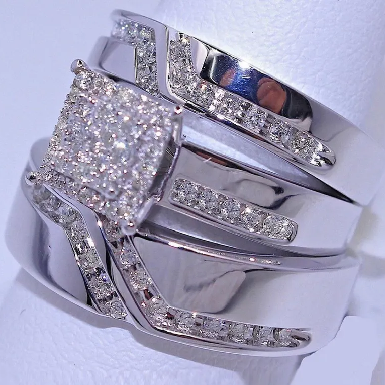 His and Hers Matching Wedding Band Engagement Trio Ring Sets 925 Sterling Silver - Valentine's Special Ring