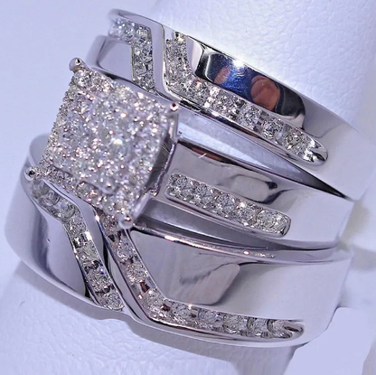 His and Hers Matching Wedding Band Engagement Trio Ring Sets 925 Sterling Silver - Valentine's Special Ring