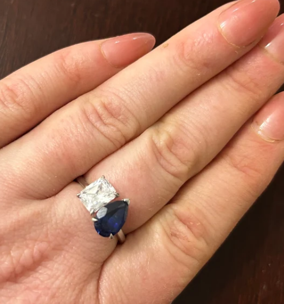 Blue Sapphire Pear & Radiant Cut Toi Et Moi Ring in 14K Rose Gold Finish - Engagement Ring