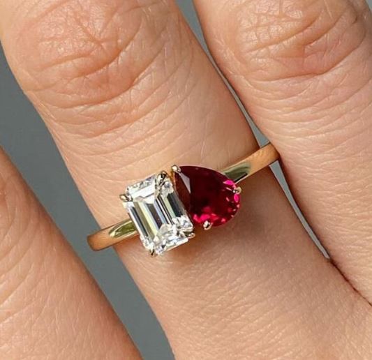 Ruby Pear & White Emerald Diamond Toi Et Moi Engagement Ring in 14k Yellow Gold Finish - Mothers Day Gift Idea