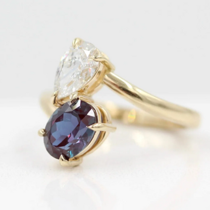 Toi et Moi Alexandrite and Diamond Bypass Ring in 14K Yellow Gold Finish