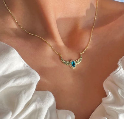 Enchanted Blue Stone Necklace- A Tale of Regal Elegance Inspired by Swan in 14k Yellow Gold Vermeil Special Gift For Her