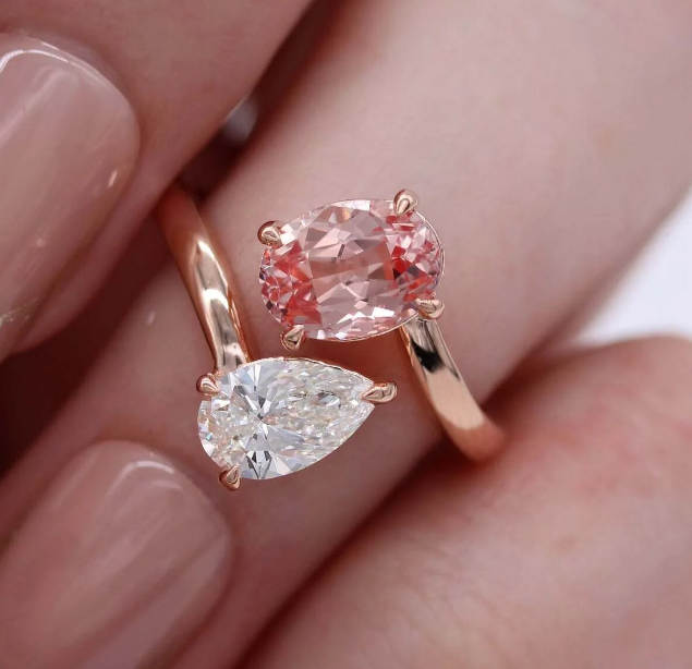 Toi et Moi Diamond and Peachy 14K Rose Gold Finish Pink Sapphire Bypass Ring