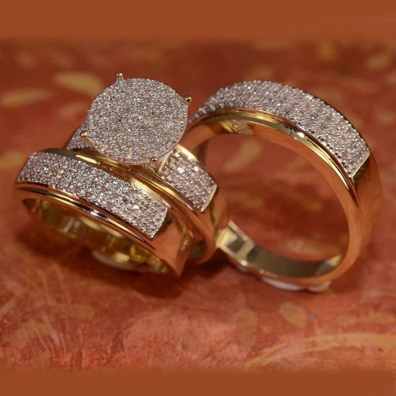 2.50 Ct Diamond Wedding Ring Set 14K Yellow Gold Finish Trio His And Her Bridal Band Engagement Ring Set