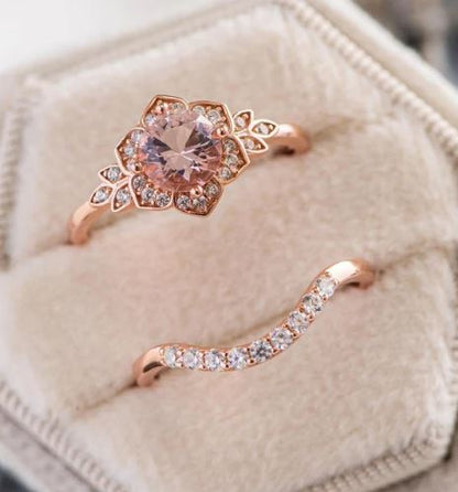 Peach Morganite Engagement Ring Set in 14K Rose Gold Finish Curved Wedding Band - June Birthstone