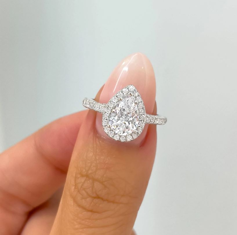 Pear Shaped Diamond Halo Engagement Ring Set in 925 Sterling Silver Promise Ring - April Birthstone - Anniversary Gift For Her