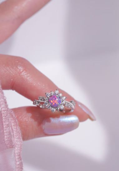 Purple Opal & Diamond Princess Magic Sunflower Engagement Ring in Sterling Silver - Gift For Her