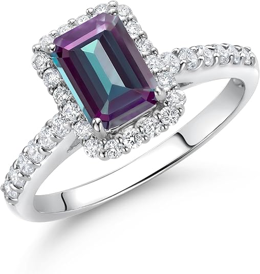 Alexandrite and Diamond Halo Engagement Wedding Ring For Women in Sterling Silver - June Birthstone