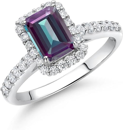 Alexandrite and Diamond Halo Engagement Wedding Ring For Women in Sterling Silver - June Birthstone