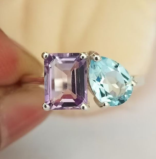 Stunning Toi and Moi Ring - Lavender Amethyst & Blue Topaz Multi Ring in 925 Sterling Silver