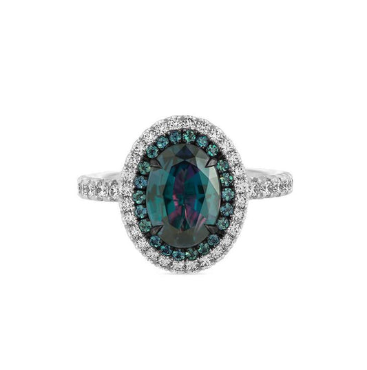 Alexandrite & London Blue Topaz Halo Diamond Ring For Woman in Sterling Silver - Christmas Gift For Mom