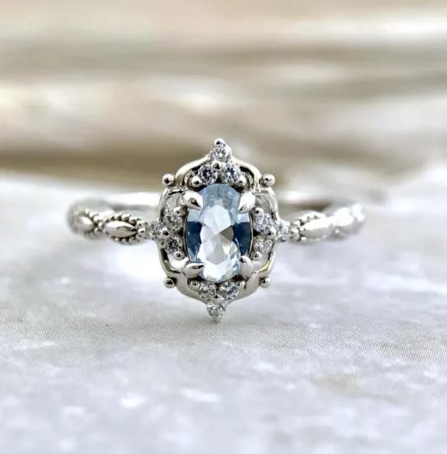 Vintage Aquamarine Ring in Sterling Silver Engagement Ring For Women - March Birthstone