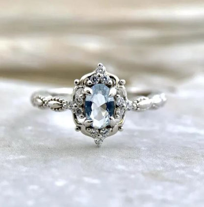 Vintage Aquamarine Ring in Sterling Silver Engagement Ring For Women - March Birthstone