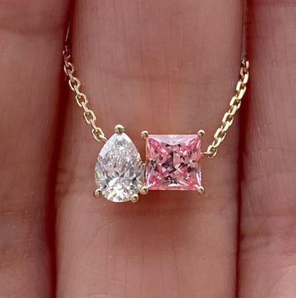 Pink Princess & Pear Diamond Toi Et Moi Pendant Necklace in 14K Rose Gold Finish - Gift For Her