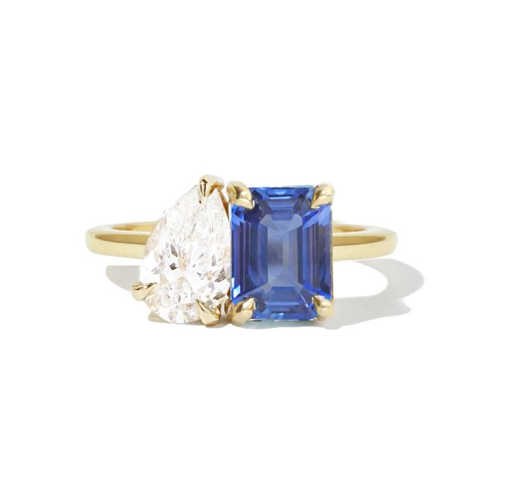 Sapphire Emerald & Pear Diamond Toi et Moi Ring in 925 Sterling Silver