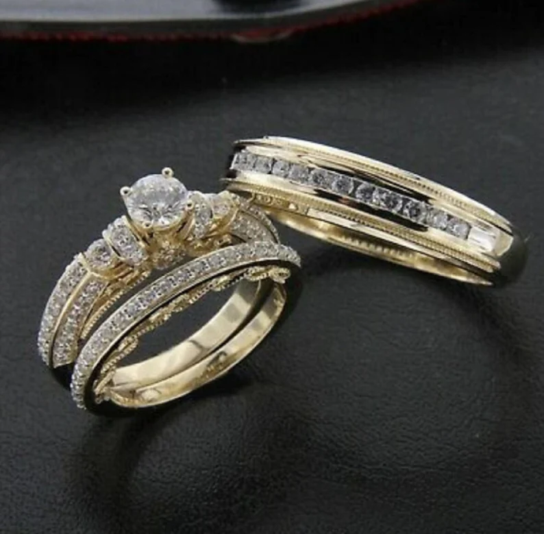 Diamond Wedding His & Her Trio Ring Set 14K Yellow Gold Plated - Bridal Engagement Ring Wedding Ring Set