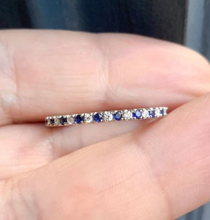 1.5mm Half Eternity Alternating Sapphire Diamond Stack Ring in 925 Silver