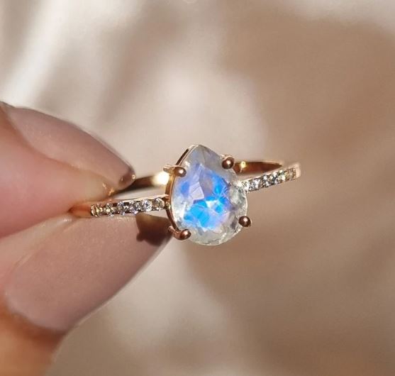 Pear Shaped Rainbow Moonstone Engagement Ring in 14K Yellow Gold Finish - Valentine Gift for Her