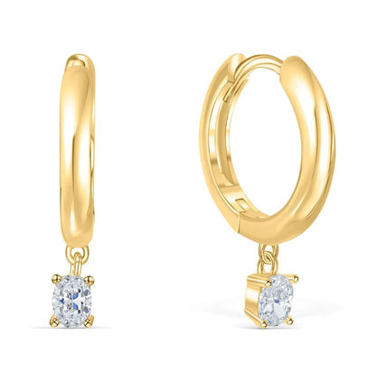 Oval Shaped Diamond Dangle Hoop Earring in 925 Sterling Silver with 18k Gold Plating - Gift For Mom