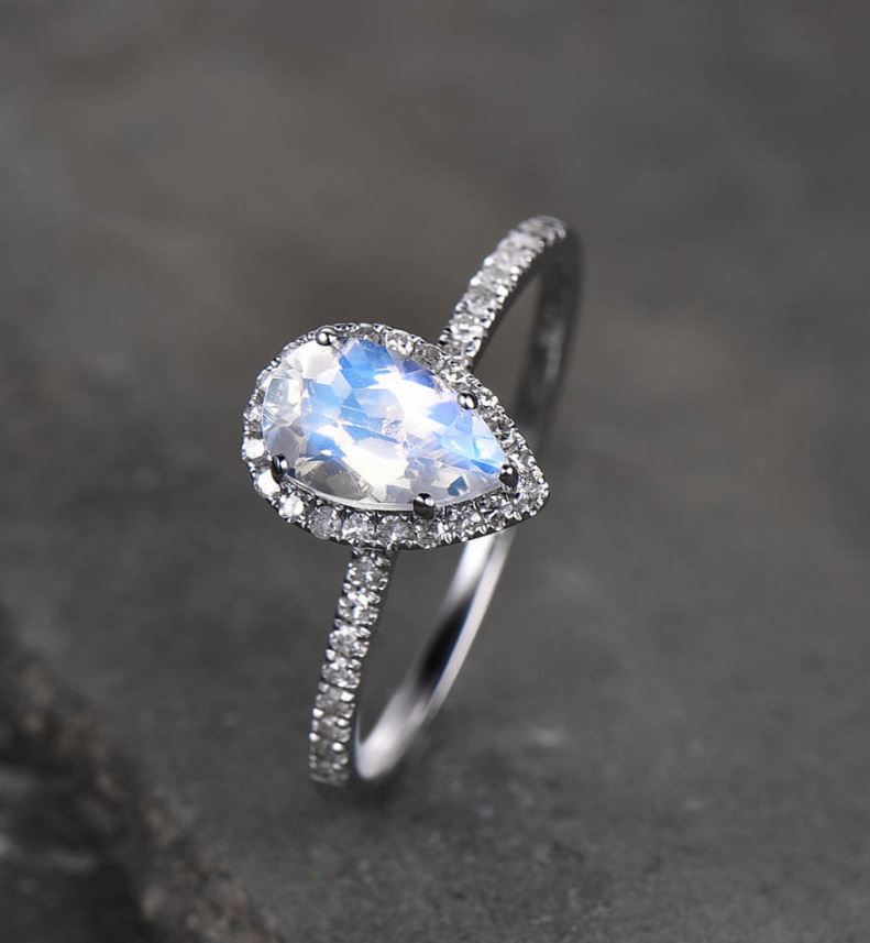 Teardrop Moonstone Ring in 925 Sterling Silver - Halo Engagement Ring Christmas Gift For Mom