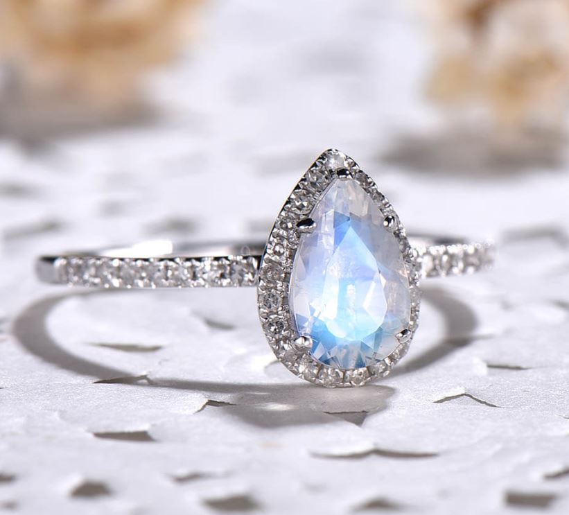 Teardrop Moonstone Ring in 925 Sterling Silver - Halo Engagement Ring Christmas Gift For Mom